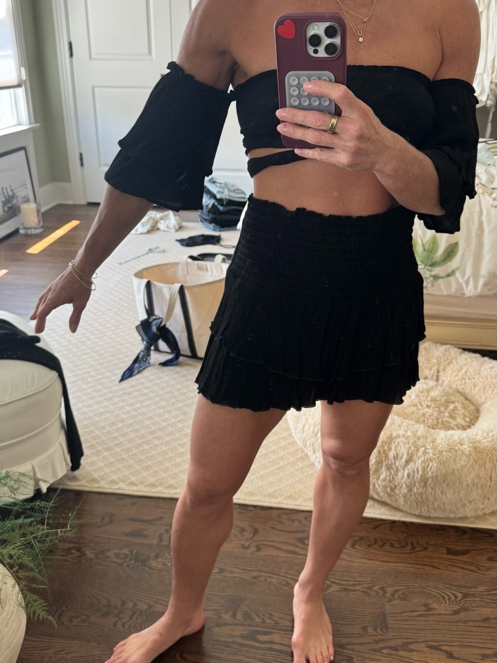 Blue Life Black Smocked Ruffle Mini Skort and tie crop top